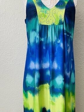 ONE WORLD Live & Let Live Blue, Teal & Lime Ombre Dress Gold Embellished Yoke